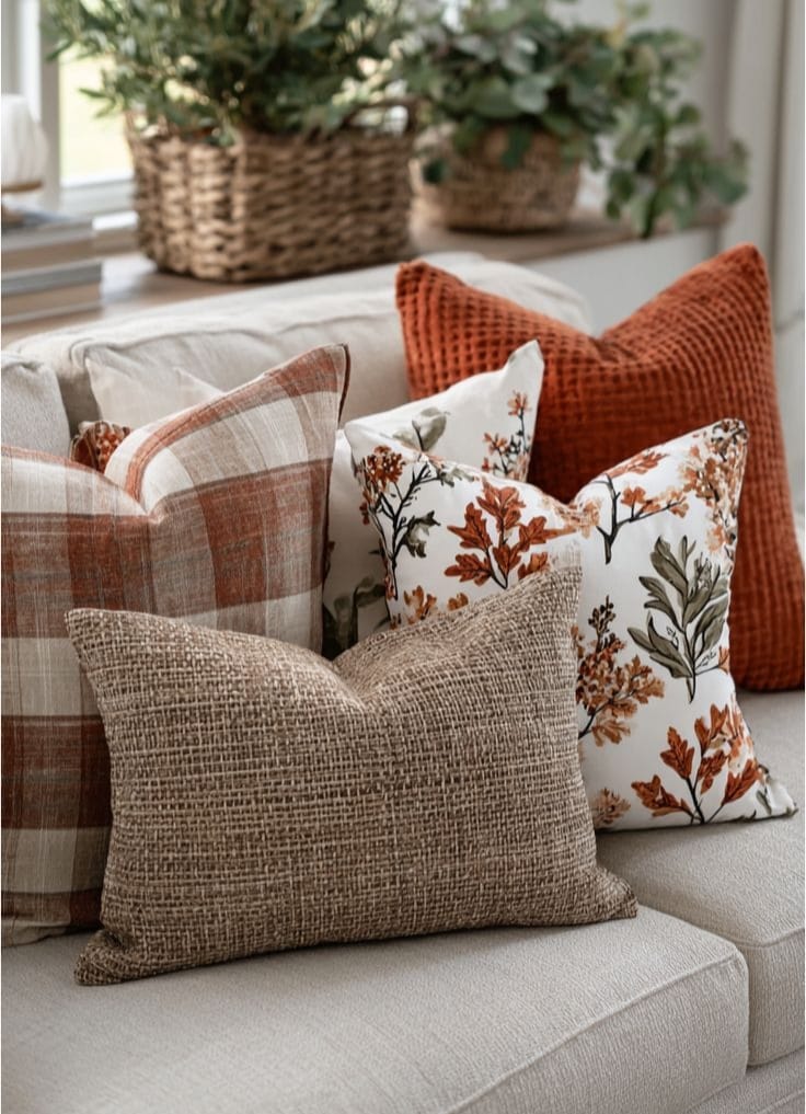 Premium bouclé throw pillow covers and chunky knit blanket styled on a modern beige sofa for cozy home decor.